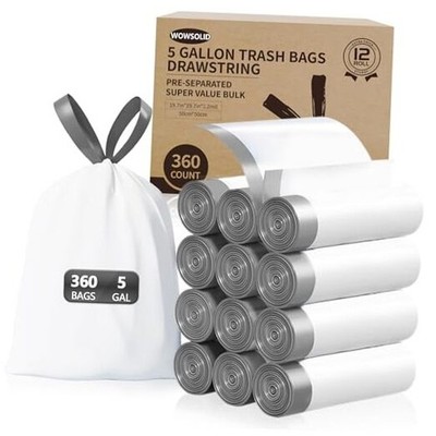 5 Gallon Trash Bags Drawstring, 360 Count 1.2 Mil Thick Garbage Bags 5gal-360