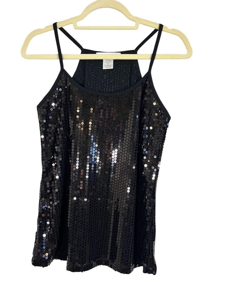 Charlotte Russe Sequin Tank Top Black M Y2K Neutral Glam Chic Shiny Feminine 80s