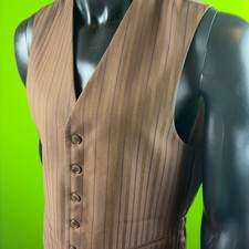 Mens Brown Striped Suit Vest Waistcoat Formal Dress Adjustable Satin Back 6 BTN