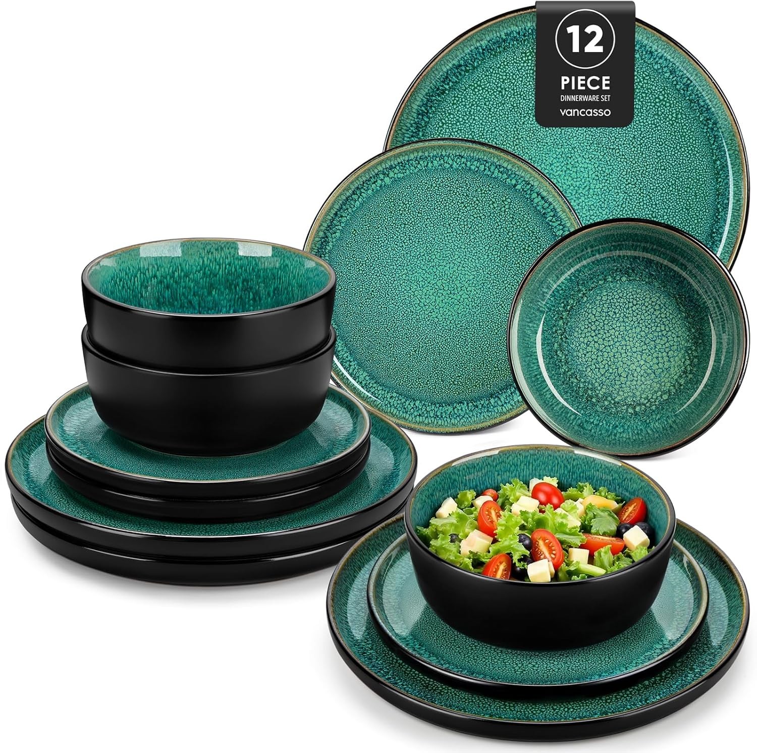 12pc Green Stoneware Dinner Set Reactive Glaze Plates Bowls Microwave