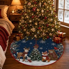 1pc Winter Forest Animal Christmas Tree Skirt with Dark Blue Snowflake Backgro