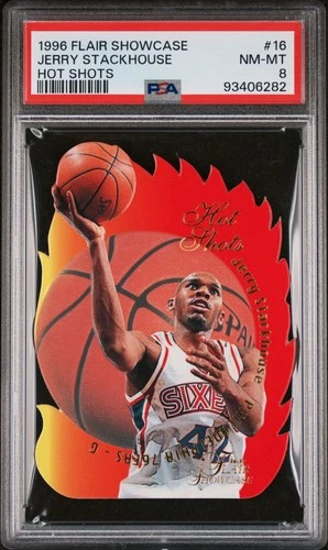 1996-97 Flair Showcase Hot Shots Jerry Stackhouse #16 Die-Cut Insert PSA 8