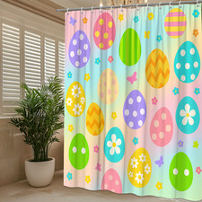 Colorful Easter Shower Curtain with Fun Eggs and Flowers Design