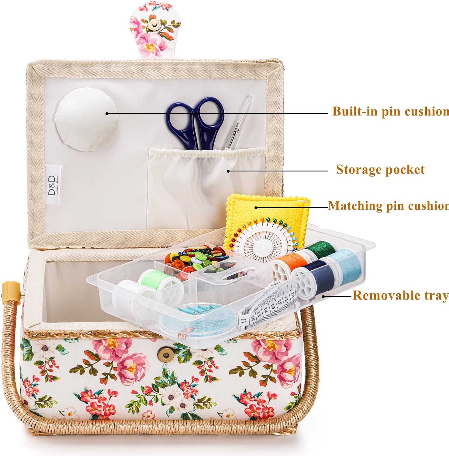 ZOOFOX Sewing Basket with Accessories, Wooden Kit Storage Multicolor 