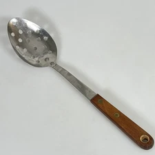 Robinson Knife Stainless Slotted Serving Spoon Wood Handle 12" Vintage EUC B1