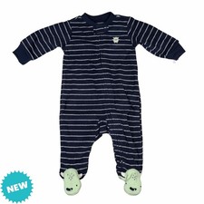 Carter's Footed Pajama Baby Boy Size 3M Fleece Monster 2-Way Zip Blue Striped