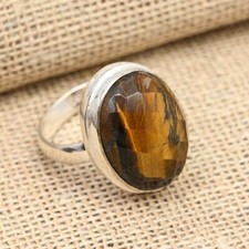 Faceted Tiger's Eye Gemstone Handmade 925 Solid Sterling Silver Ring Jewelry