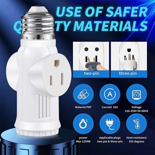 Light Socket To Plug Adapter E26/E27 2/3 Prong Light Bulb Outlet Socket Convert - Picture 7 of 15