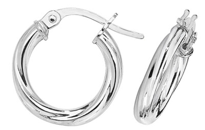 9ct White Gold 15mm Twisted Hoop Earrings - Solid 9ct Gold