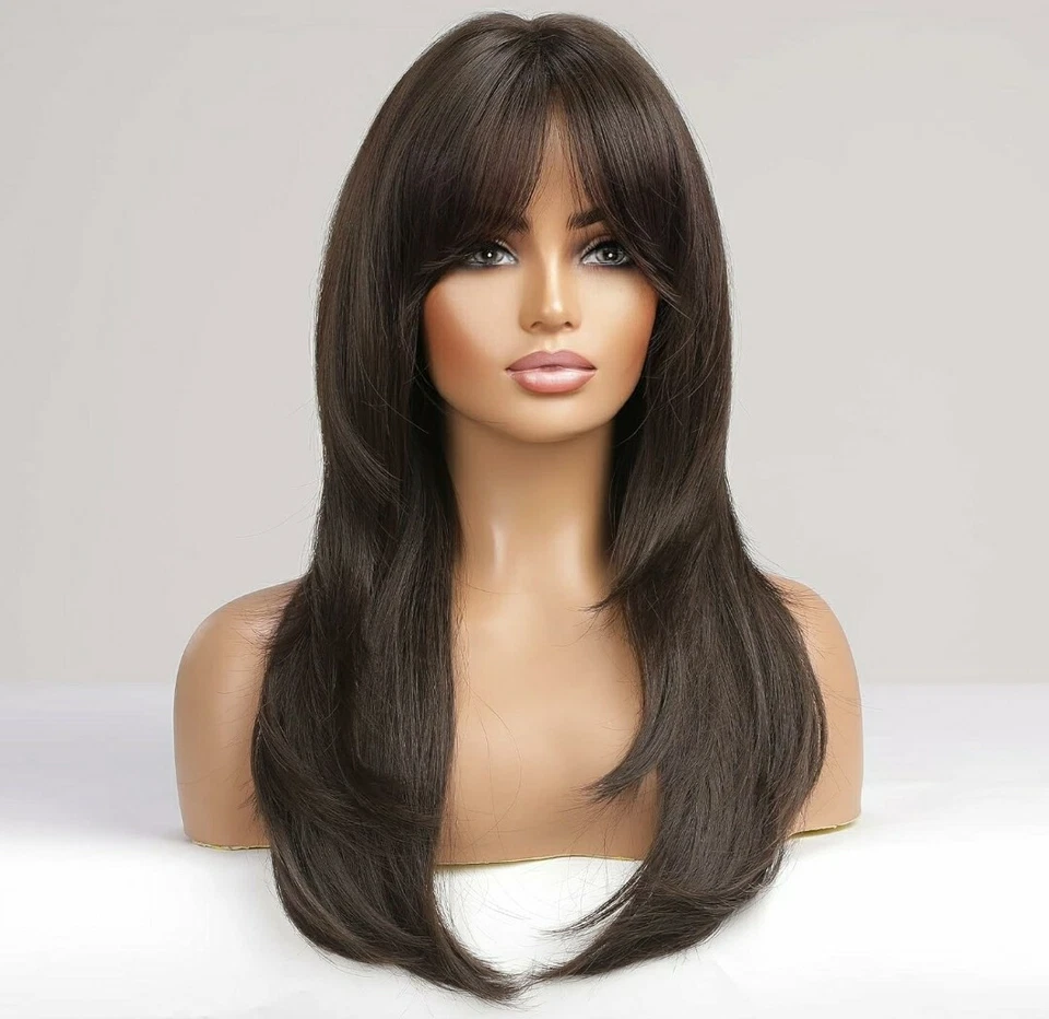 Wig - Human Hair Blend - Long Straight Layered Dark Brown Bangs Heat Resistant - Image 2 of 4