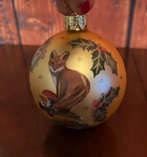 Gisela Graham Hand-Painted Fox & Holly Glass Christmas Ornament bauble nwt