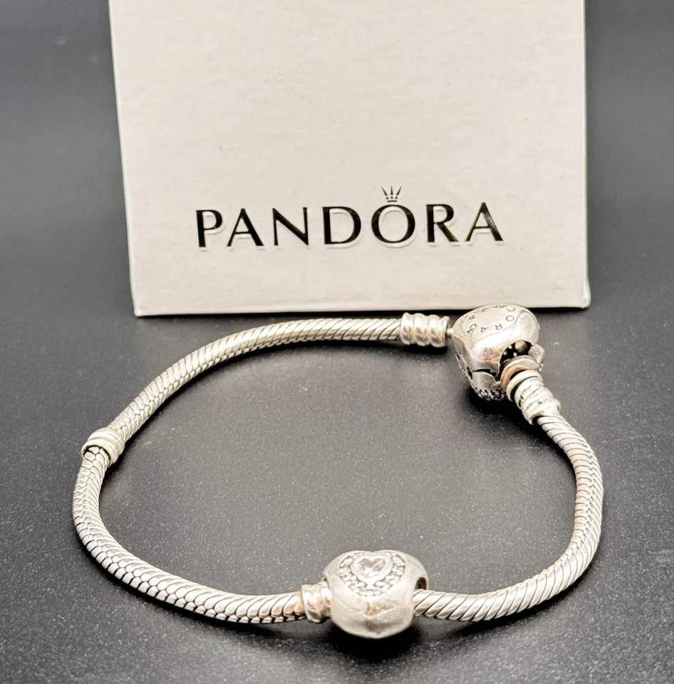 ⚜️Pandora 925er Silber Schlangenglieder Armband mit Strass Herz Charm  ⚜️
