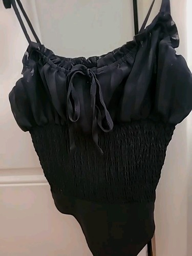 FOREVER 21 Dressy Body Suit SMALL Black Smocked Tie Straps Goth Peasant Sexy - Picture 7 of 14