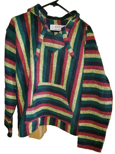 Gypsy Rose Mexican Poncho Baja Hoodie Striped Rug Adult XL Pullover Made MEXICO - Afbeelding 1 van 5