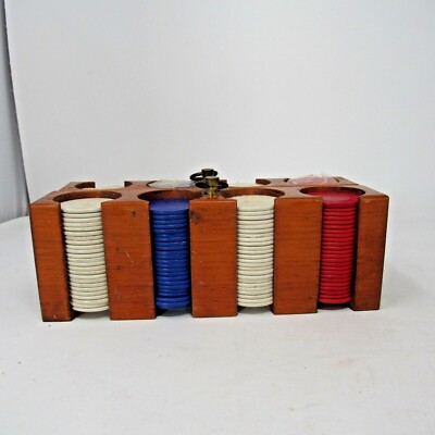 Vintage Wooden Poker Chip Caddy and Dennisons Chips Some still wrapped