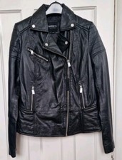 Barneys Origial Female Black Leather Zip Jacket, Size 14