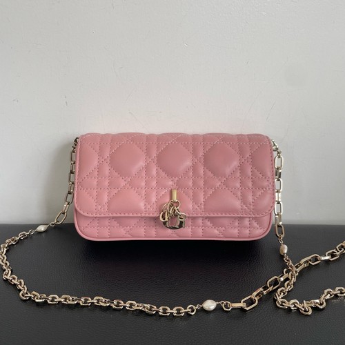 AUTH Dior Lady Dior Pink Cannage Calf Leather Crossbody Bag Silver Hardware
