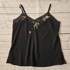 Vintage Y2K Oscar De La Renta Black Dainty Floral Embroidered Lace Trim Cami