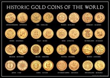 Historic Gold Coins of The World A3 Poster (Sovereign, Dollar, Francs Ect)