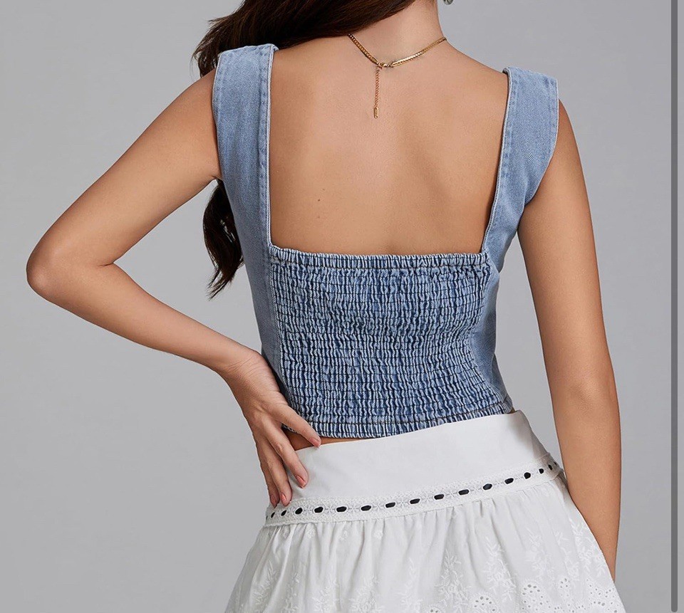 Y2K Denim Button-Down Vest Crop Top- Size L - Corset Style. RRP£32 image 6