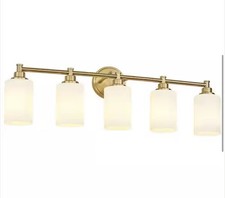 32 in. 5 Light Brushed Gold Vanity Light with Milk White Glass Shade