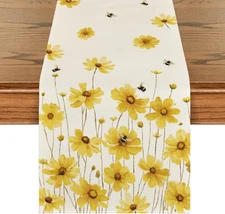 Artoid Mode Yellow Flowers Daisy Bees Summer Table Runner, Seasonal Easter Fall 