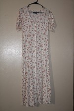 Vintage 90s Rayon Sundress Maxi Floral Size 10 Tie waist Button up Cream pink