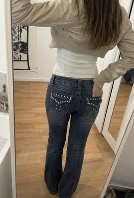 Paris Blues Damen Jeans Gr. 38 Straight Leg dunkelblau Stretch Nieten L34 Denim