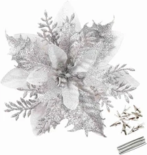 GREENTIME 12 Pcs Glitter Poinsettia 5.5" Artificial Flowers Christmas Silver 