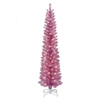 NEW TRENDY Puleo International Inc 6-ft.Pre-Lit Pink Tinsel Artificial Xmas Tree