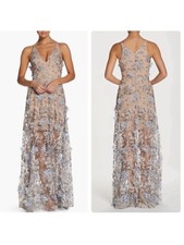 Dress The Population Sidney Deep V-Neck 3D Lace Gown Dress Mineral Blue Sheer