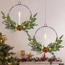 MEIVINES 2Pack Christmas Wreaths for Front Door with LED Taper Candles,16 Inc...