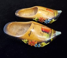 Vintage Dutch Hand Carved Painted Wooden Decorative Clogs, Rare