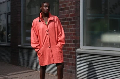 Vintage 80er Ledermantel Koralle Rosa - Oversize Lederjacke Damen L - Bild 1 von 4