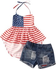 Toddler Baby Girl Fourth of July Outfits Halter Star Top Ripped Hole Denim ...