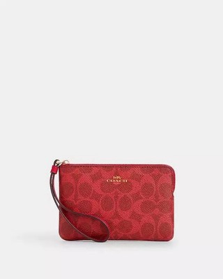 NWT Coach CAQ75 Corner Zip Wristlet In Signature Canvas In Gold