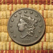 1831 CORONET LARGE CENT, AU DETAILS  ~  FABULOUS EYE APPEAL, GOUGE TOP OF HEAD