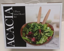 3 Piece Acacia Wood Salad Bowl Set With Serving Spoon & Fork 10 x 10 x 4.5 Brown