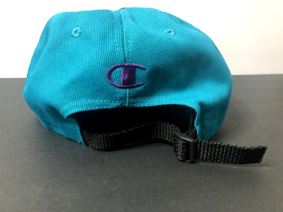 Sombrero Campeón Vintage Años 90 Hecho en EE. UU. Teal Script Correa Trasera Largo Bill Hornets Foto 3 de 4