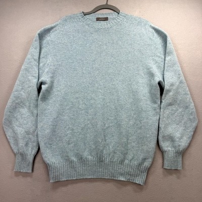 Hawico for Ben Silver Sweater Mens XL Blue Pure Cashmere Knit Ribbed Cuffs & Hem