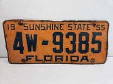 1955 Florida License Plate Number 4w-9385 Sunshine State 