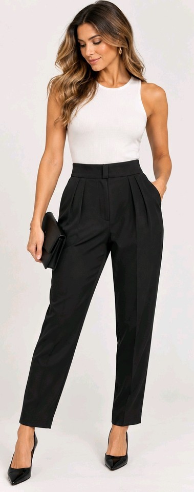 CUE Razzle Dazzle Black Tailored Pants Size 8 High Waist Pleated Tapered Leg #11