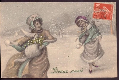 CP en relief " 2 femmes qui font une bataille de boules de neige " Bonne année - Photo 1/2