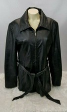 Oscar Piel 100% Leather Long Coat Women Size Large Full Zip Belted Black