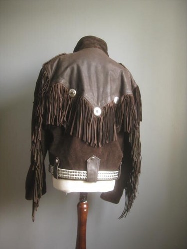 VINTAGE COWBOY LEATHER FRINGE JACKET 42 44 hells angel heavy rock biker ASHY men - Picture 12 of 24