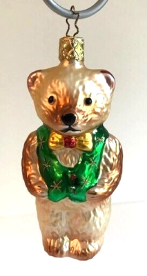 Cute Inge Glas 5-inch Teddy Bear in a Green Vest Glass Christmas Ornament