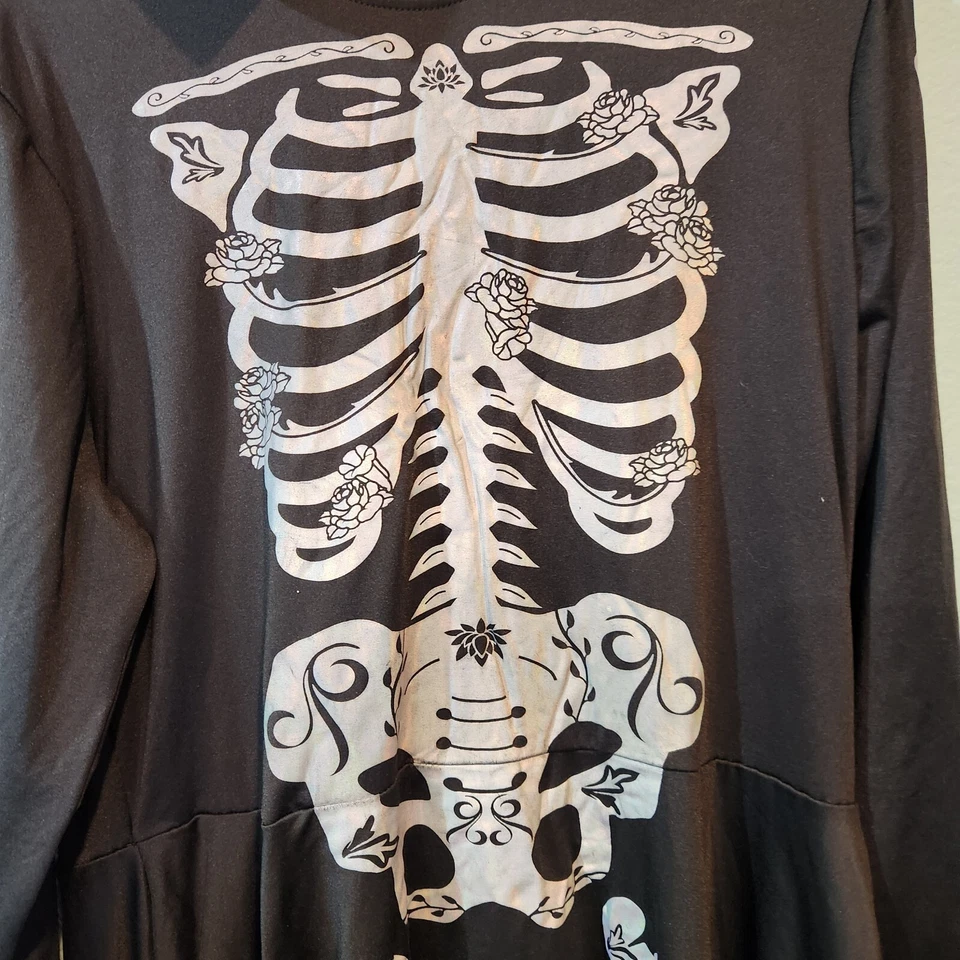 Disfraz de Vestido Plateado Esqueleto Con Capucha Línea A X Grande Negro Huesos Góticos Hasta la Rodilla Foto 3 de 4