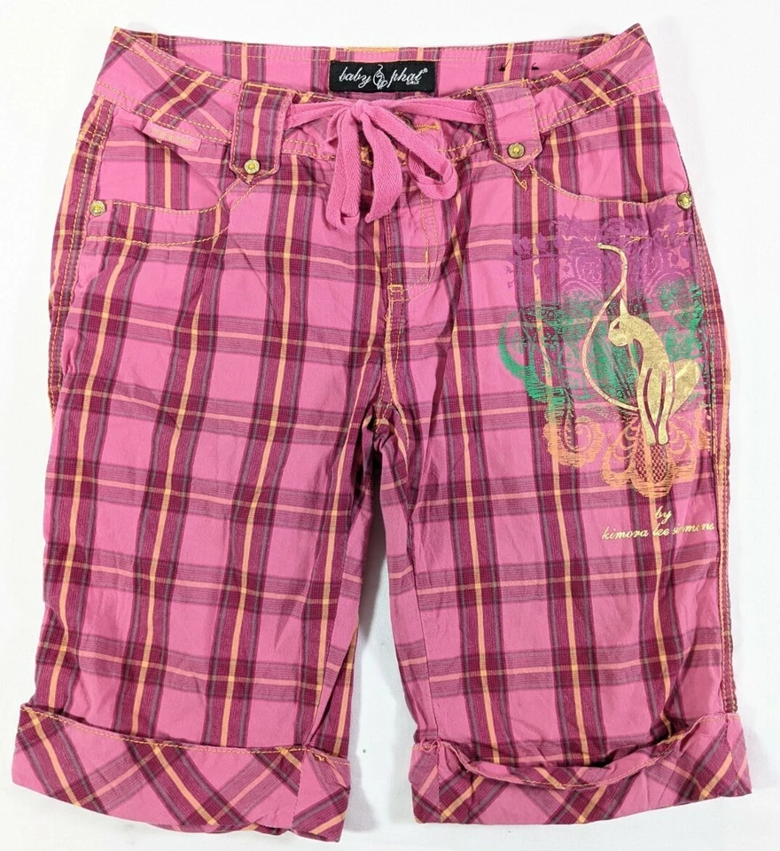 BABY PHAT Girl's Pink Plaid Drawstring Reg Fit Cuff Stretch Bermuda Shorts sz 14 - Image 2 of 4