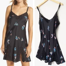 Natori Papillon Print Chemise Mini Slip Dress Silky Satin Black Floral XS Sexy