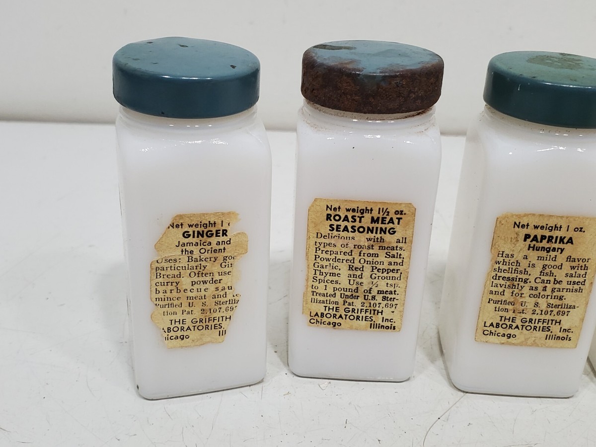 Vintage Set of 4 Griffith Lab Milk Glass Spice Jars Blue Lid 1940s